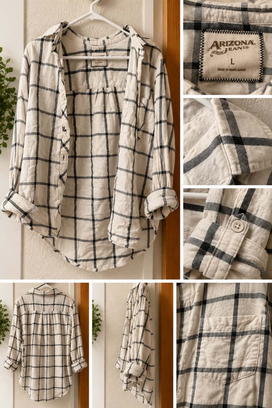 Arizona Plaid Button Down Shirt Cream Black Long Sleeve